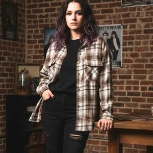 Romwe Flannel Button Down 90s Grunge Plaid Oversized Brown Black Women's Small